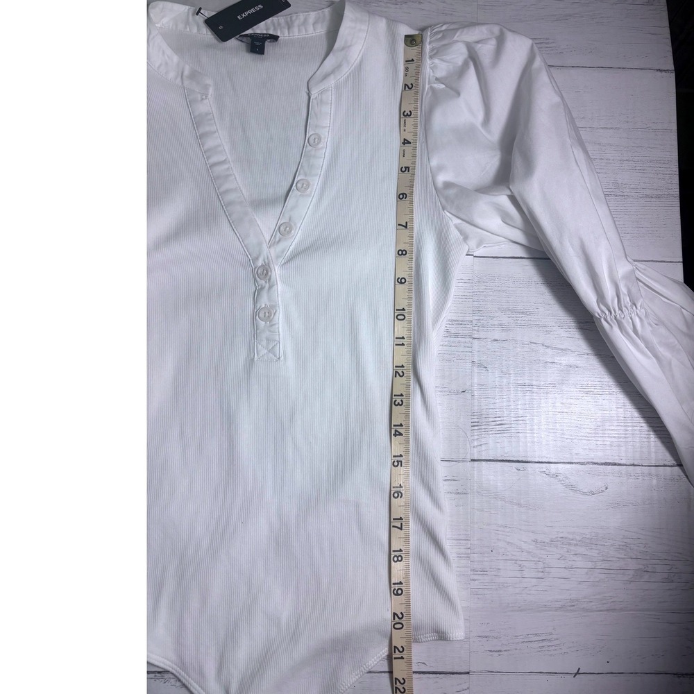 NWT Express White Ribbed Puff Sleeve Bodysuit Small Clean Girl Minimalist - Picture 7 of 8